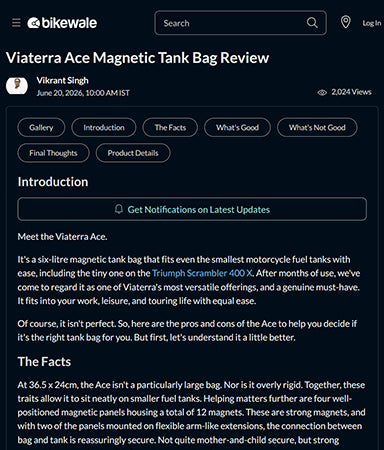 BikeWale Reviews ViaTerra Ace Tank Bag: Compact, Practical, and Surprisingly Versatile