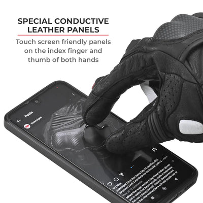ViaTerra shifter – short motorcycle leather riding gloves have special conductive leather panels