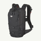 A black Vaporesso X30 backpack with multiple zippered compartments and compression straps, shown from a three-quarters angle against a light off-white background.