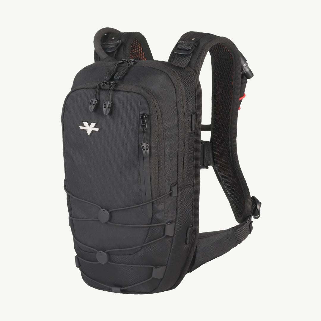 A black Vaporesso X30 backpack with multiple zippered compartments and compression straps, shown from a three-quarters angle against a light off-white background.