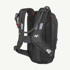 Black hydration backpack with reflective gray shoulder straps and a white logo, shown from the back on a light off-white background.