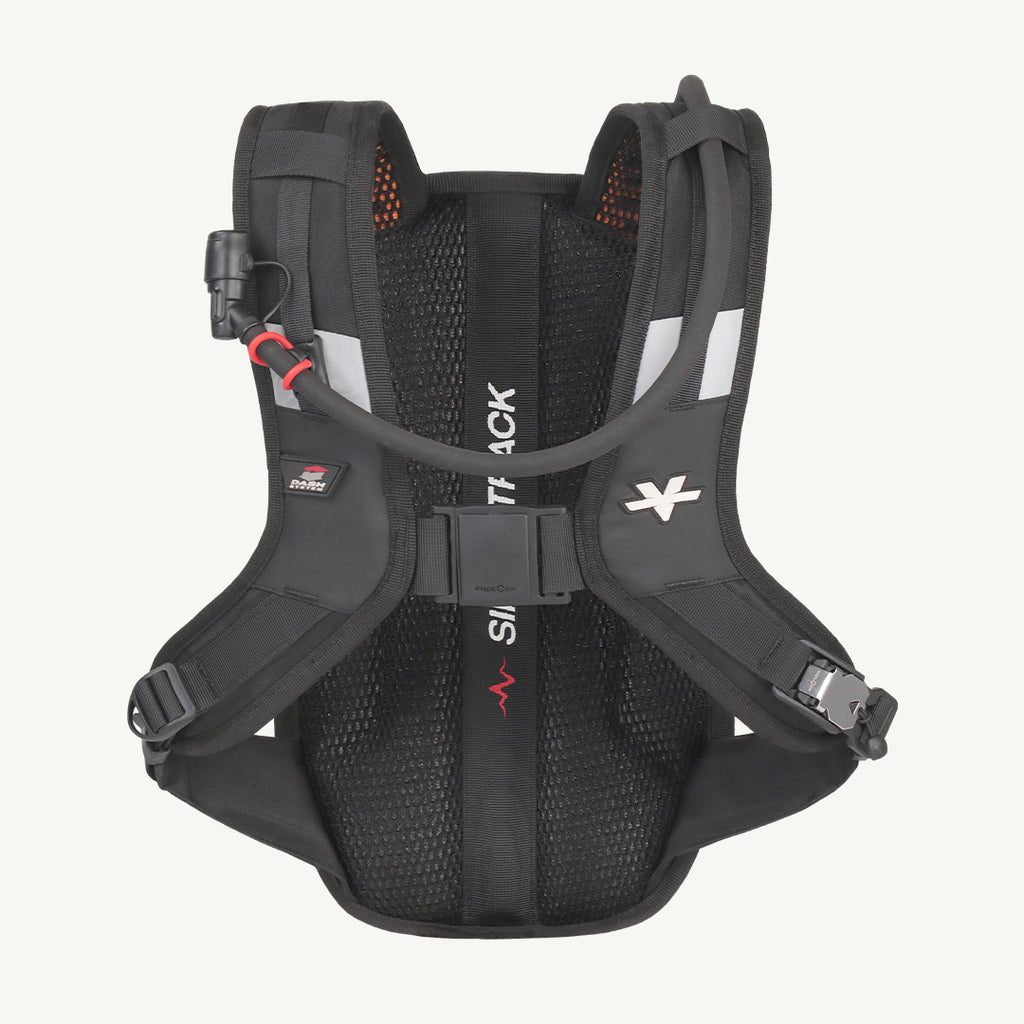 Black running hydration backpack shown from the back, featuring a breathable mesh back panel, padded shoulder straps, a hydration tube with red connector, and white and red branding details.