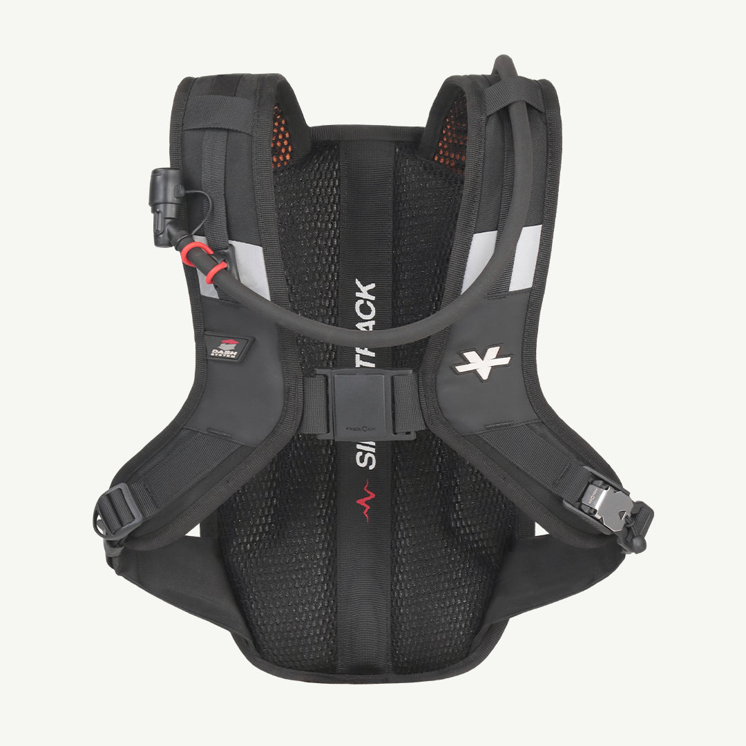 Black running hydration backpack shown from the back, featuring a breathable mesh back panel, padded shoulder straps, a hydration tube with red connector, and white and red branding details.