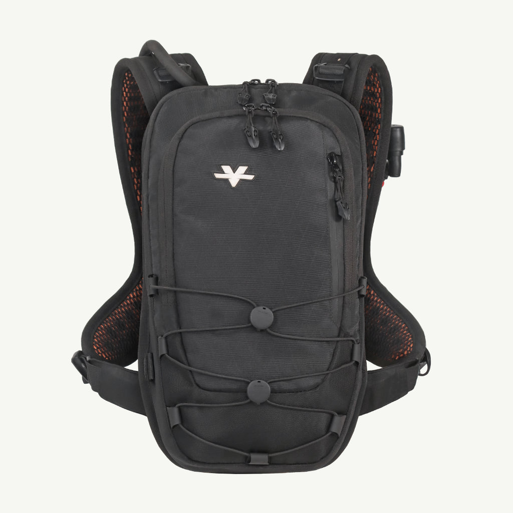 A black hydration backpack with orange mesh lining and a white stylized logo on the front, shown against a light off-white background.
