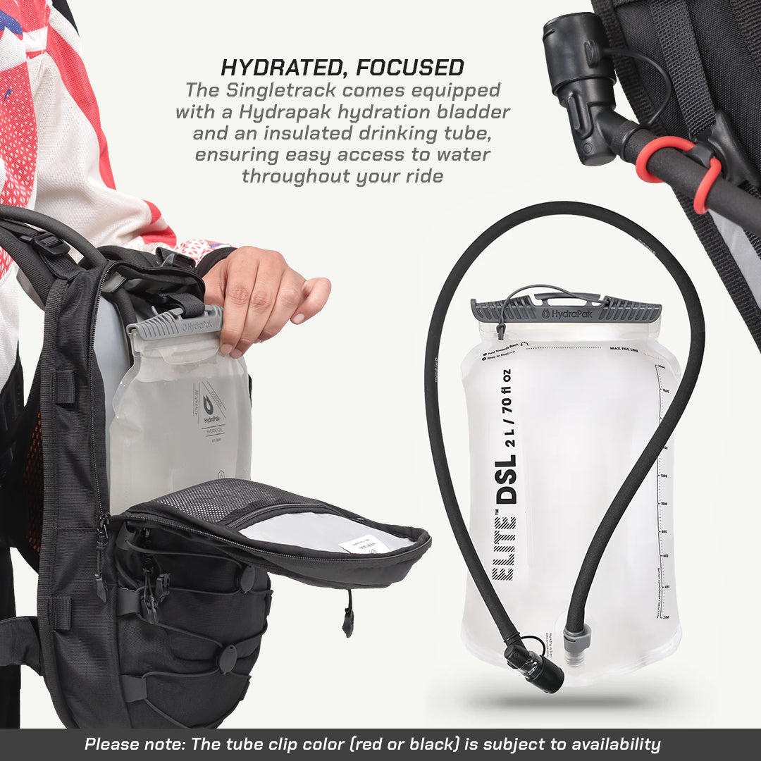 A close-up product shot showing a black hydration backpack with an open side pocket holding a translucent hydration bladder, alongside a separate Elite DSL 2L insulated drinking tube bladder. Text on the image describes the Hydrapak hydration bladder and insulated tube, with a note at the bottom mentioning the subject to availability for the tube clip color.