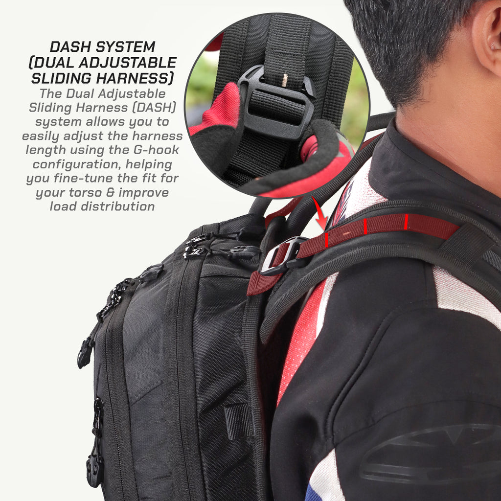 Close-up of a black backpack worn by a person, with an inset circle showing the adjustable sliding harness strap and text explaining the DASH system.