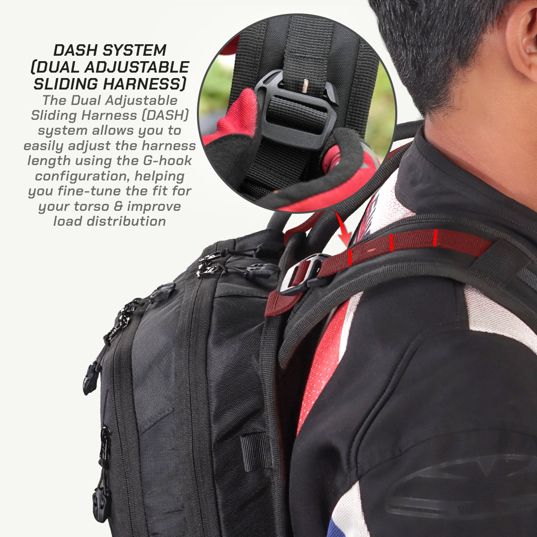 Close-up of a black backpack worn by a person, with an inset circle showing the adjustable sliding harness strap and text explaining the DASH system.