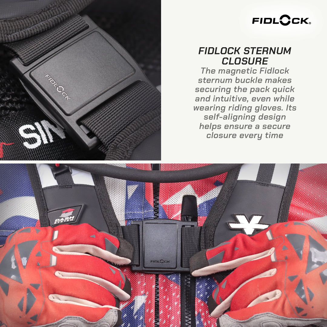 Close-up of a black magnetic Fidlock sternum buckle on a cycling jersey, with text explaining the Fidlock sternum closure and a bottom photo showing red and gray riding gloves fastened over a patriotic red, white, and blue jersey.