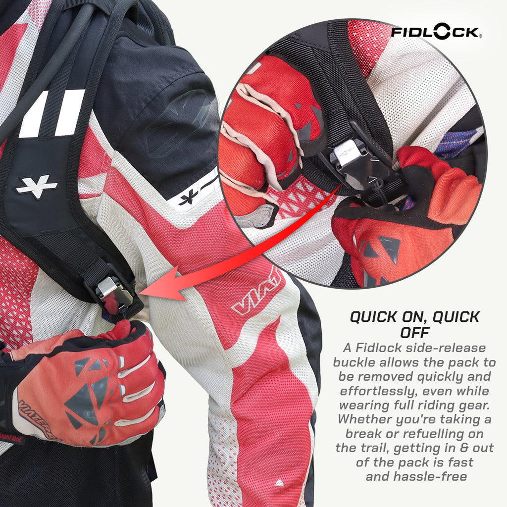 Close-up of a red, white, and black motorcycle jacket with a black Fidolock buckle, plus an inset showing a gloved hand releasing the buckle. Text on the right explains the quick on/off Fidolock side-release buckle.