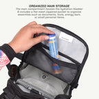 An open black and gray hydration backpack shown with a hand placing a blue and orange hydration bladder into the main compartment. The image includes descriptive text at the top about organized main storage.