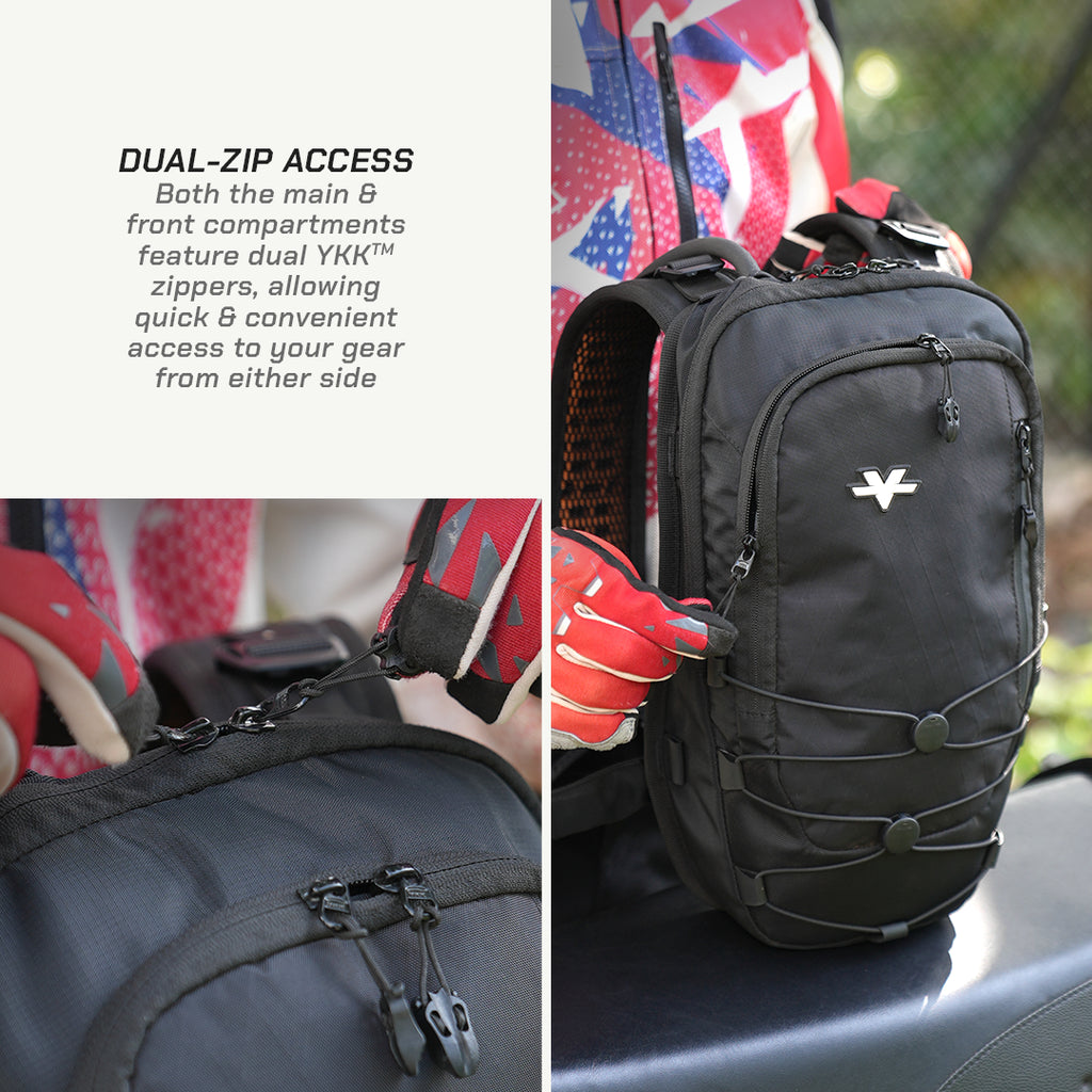 Black YKK dual-zip backpack shown in a split product graphic with text callout and close-up detail shots. The right panel shows the backpack outdoors on a dark surface with a person's gloved hand reaching in, and the left panel includes descriptive text about dual-zip access.