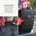 Black YKK dual-zip backpack shown in a split product graphic with text callout and close-up detail shots. The right panel shows the backpack outdoors on a dark surface with a person's gloved hand reaching in, and the left panel includes descriptive text about dual-zip access.
