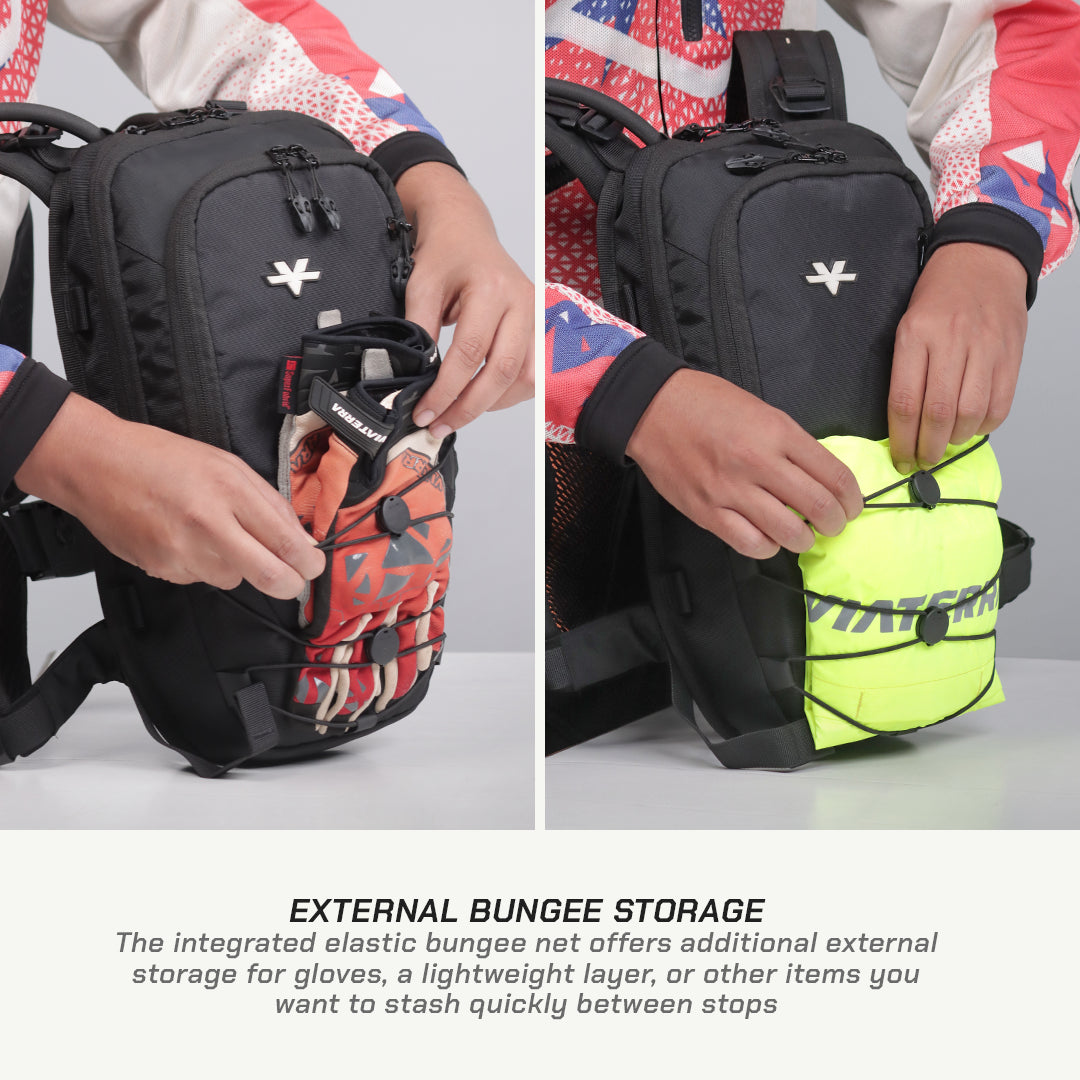 Two-panel product demonstration showing a black outdoor backpack with a side external bungee storage pocket. In the left panel, a person inserts a patterned glove into the bungee pocket.