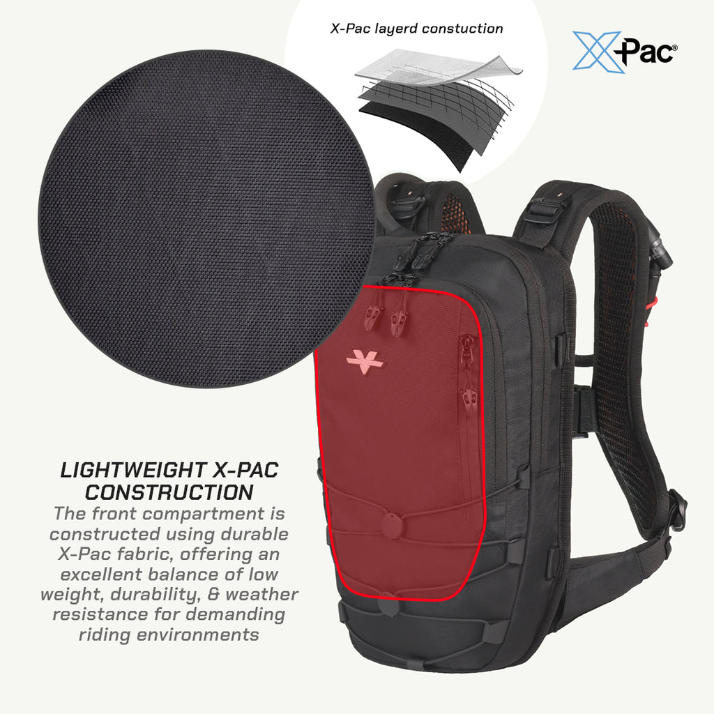 A black and dark red X-Pac backpack shown on a light gray background with product callouts, including a circular fabric close-up and text highlighting lightweight X-Pac construction.