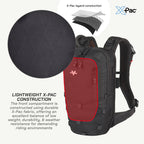 A black and dark red X-Pac backpack shown on a light gray background with product callouts, including a circular fabric close-up and text highlighting lightweight X-Pac construction.
