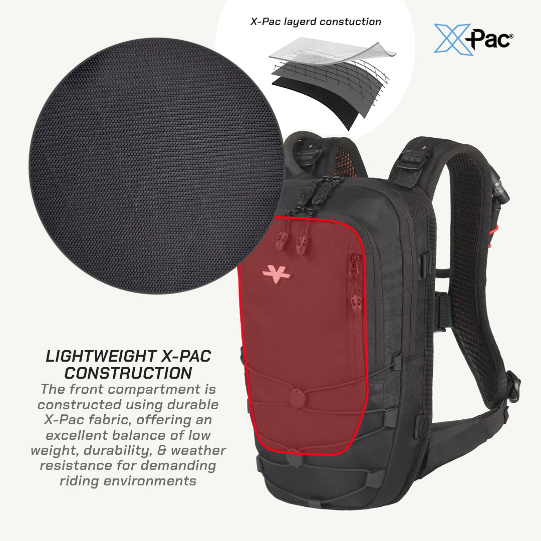 A black and dark red X-Pac backpack shown on a light gray background with product callouts, including a circular fabric close-up and text highlighting lightweight X-Pac construction.
