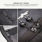 Close-up product detail collage showing black YKK zippers on a dark gray bag, with text at the top reading 'GENUINE YKK ZIPPERS' and 'Equipped with genuine YKK zippers, the Singletrack is built for reliable performance & durability ride after ride.'.