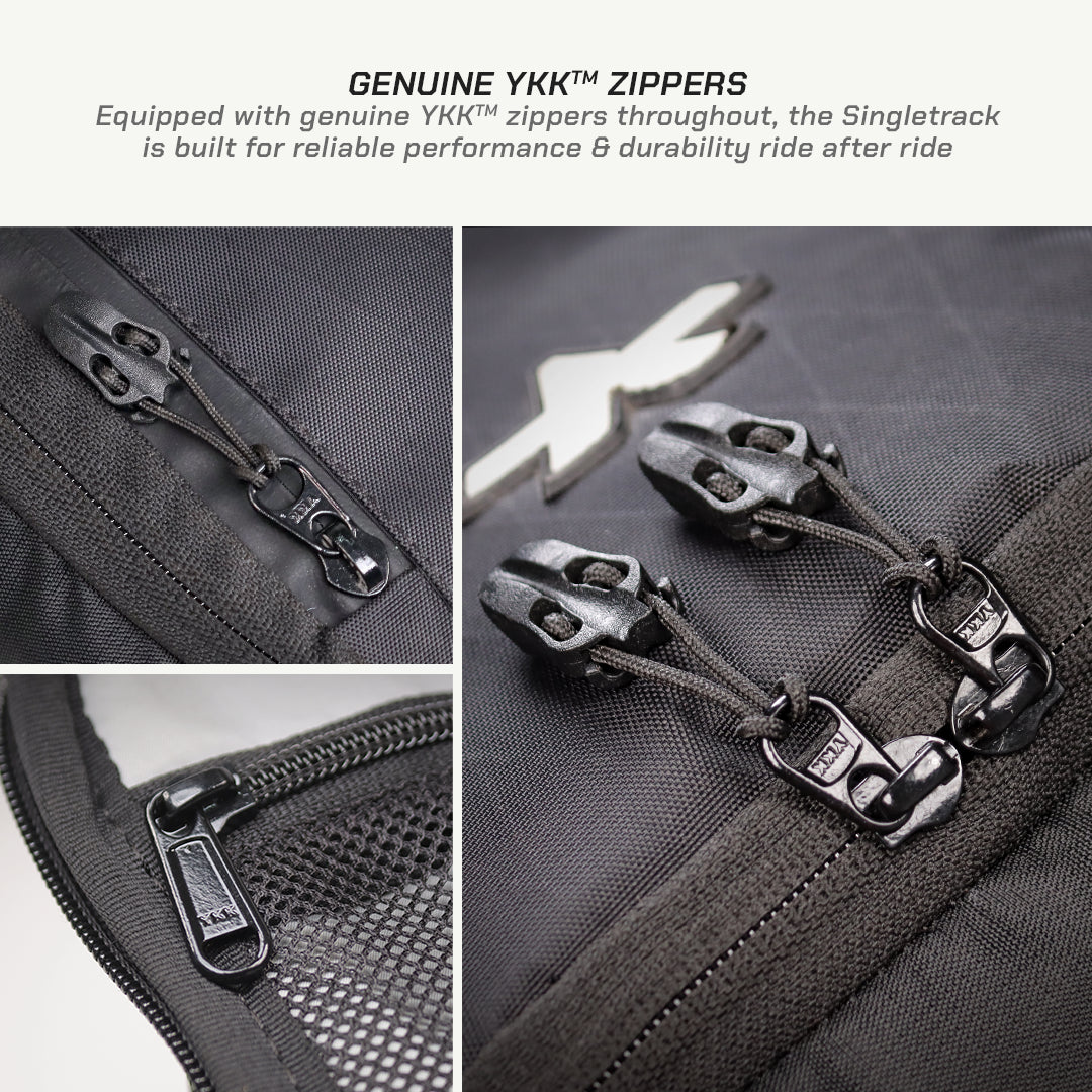Close-up product detail collage showing black YKK zippers on a dark gray bag, with text at the top reading 'GENUINE YKK ZIPPERS' and 'Equipped with genuine YKK zippers, the Singletrack is built for reliable performance & durability ride after ride.'.