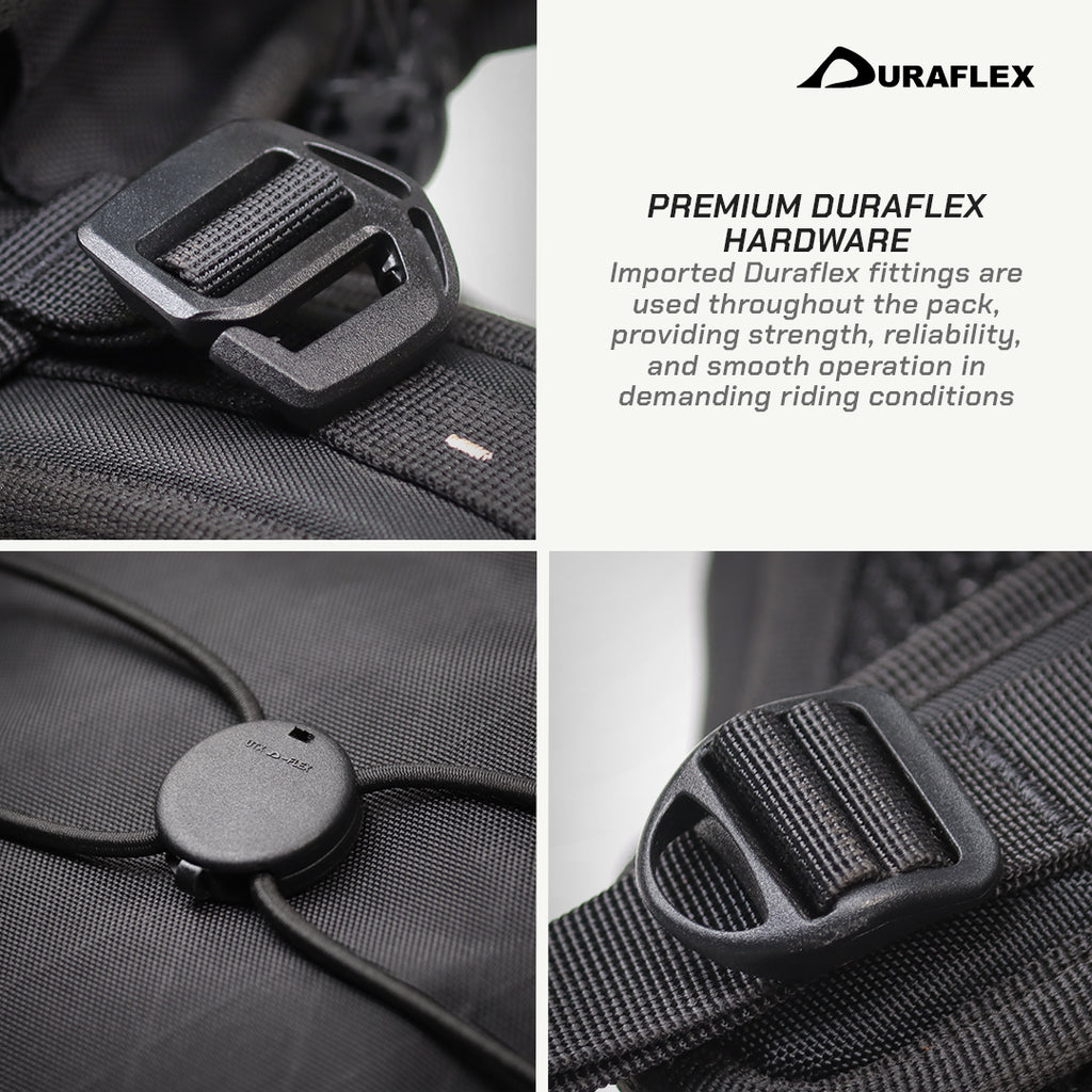 A four-panel promotional graphic showing close-up views of black Duraflex hardware on a dark textured pack, including a buckle, a dial, and another hardware detail, with text reading 'PREMIUM DURAFLEX HARDWARE' and the Duraflex logo on a light background.