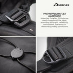 A four-panel promotional graphic showing close-up views of black Duraflex hardware on a dark textured pack, including a buckle, a dial, and another hardware detail, with text reading 'PREMIUM DURAFLEX HARDWARE' and the Duraflex logo on a light background.