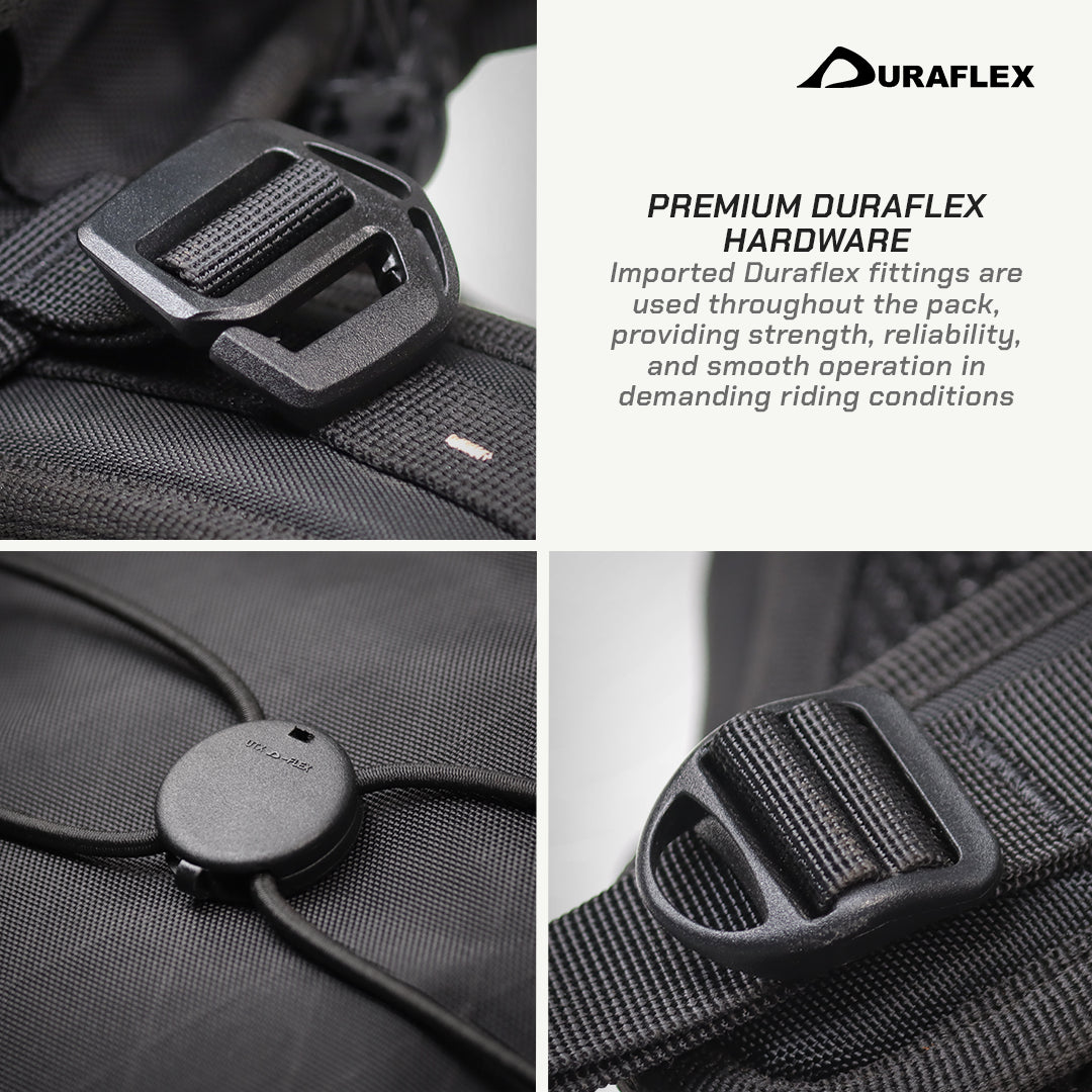 A four-panel promotional graphic showing close-up views of black Duraflex hardware on a dark textured pack, including a buckle, a dial, and another hardware detail, with text reading 'PREMIUM DURAFLEX HARDWARE' and the Duraflex logo on a light background.