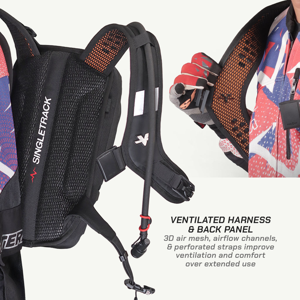 Black Singletrack cycling backpack with orange mesh accents, ventilated harness, and adjustable straps, shown alongside a rider wearing a red, white, and blue patterned jersey.