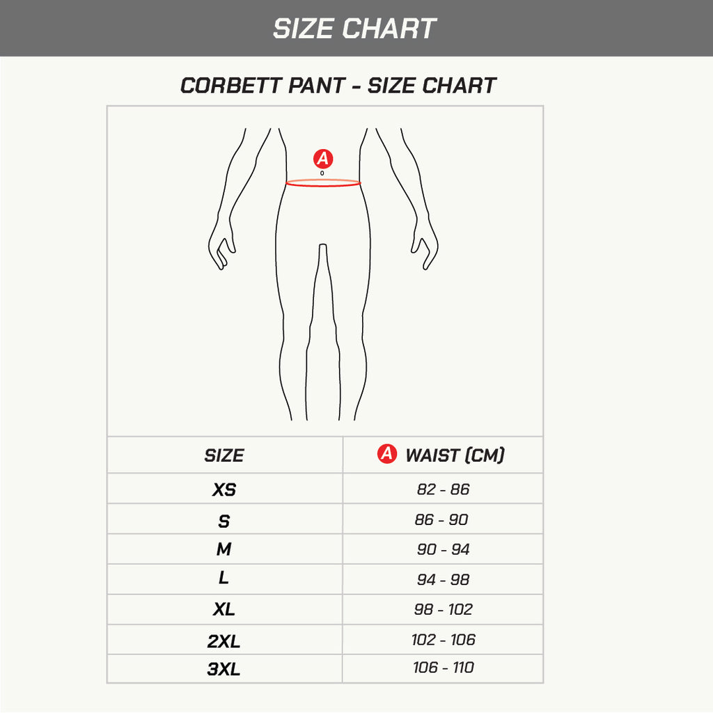 color_common Size chart for Corbett Pant with waist measurement in centimeters