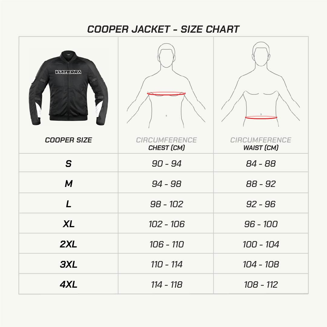 color_common Cooper Jacket size chart with jacket image, measurement guides, and size dimensions.