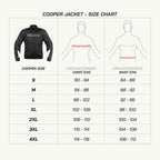 color_common Cooper Jacket size chart with jacket image, measurement guides, and size dimensions.