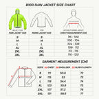 color_Fluoroscent-Green B100 Rain Jacket size chart with measurements for chest, shoulder, and sleeve length.