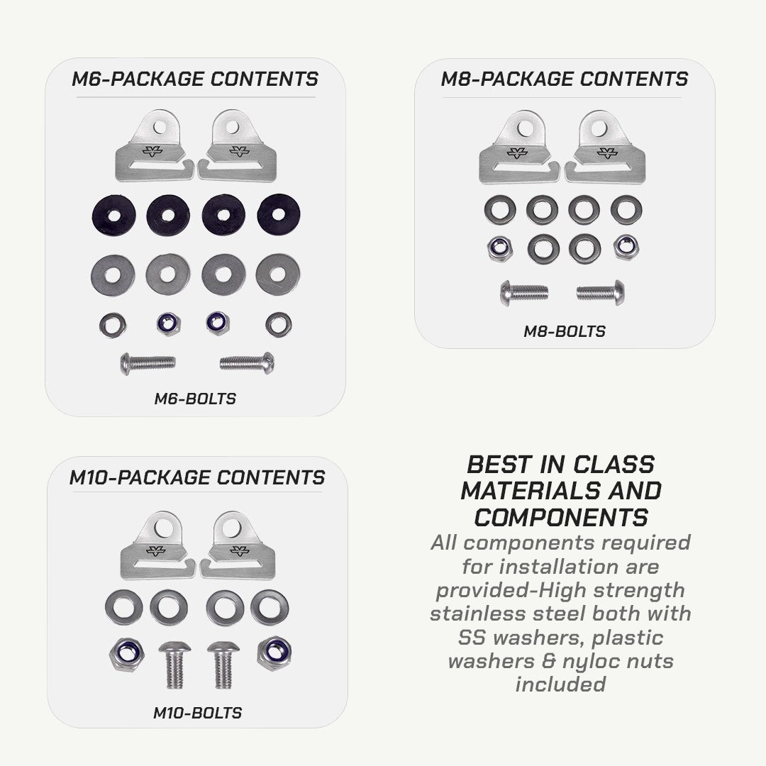 Package contents of bolts and washers for M6, M8, and M10 with text on material quality.