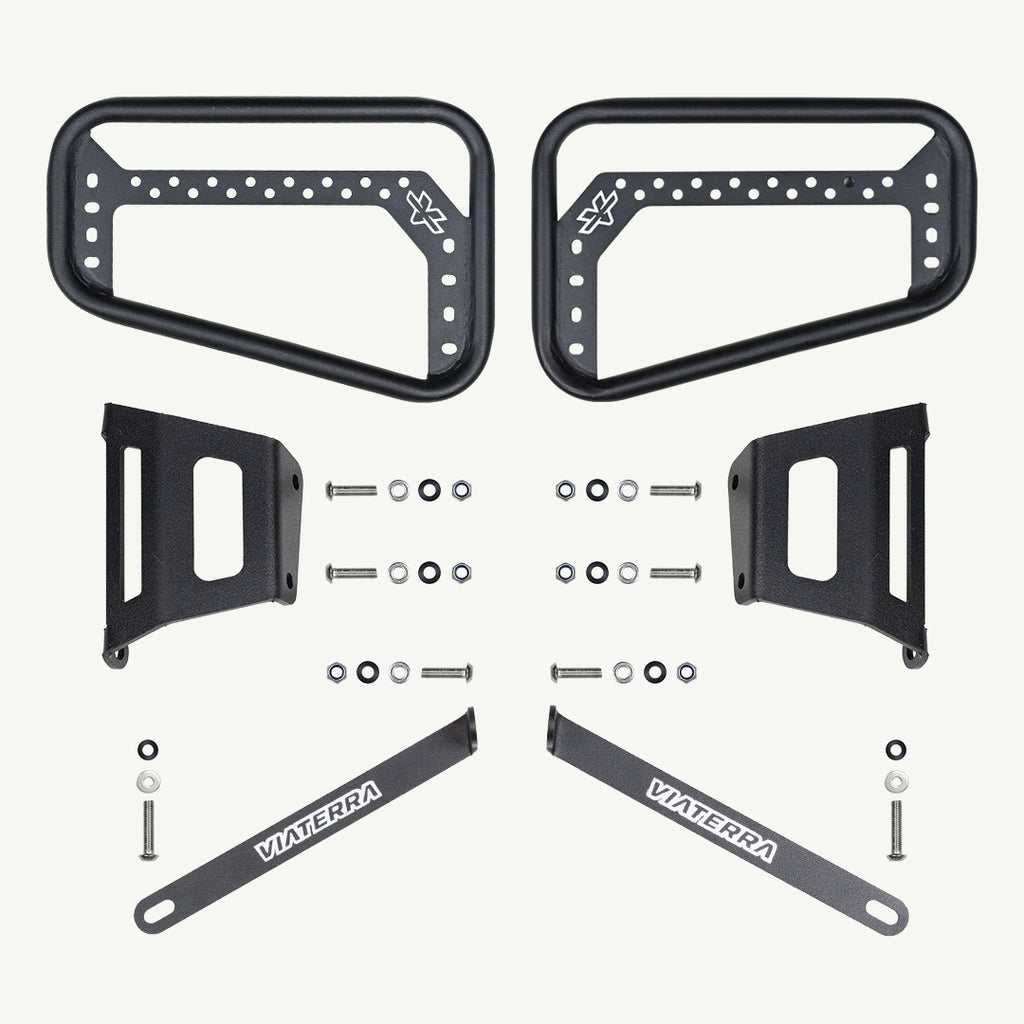 Triumph Scrambler 400 Saddlebag Rack Set of black metal brackets and fasteners on a white background