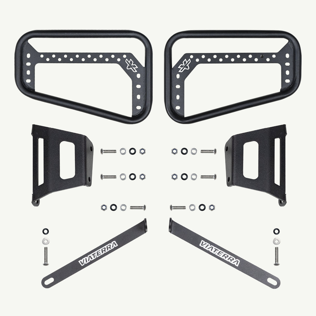 Triumph Scrambler 400 Saddlebag Rack Set of black metal brackets and fasteners on a white background