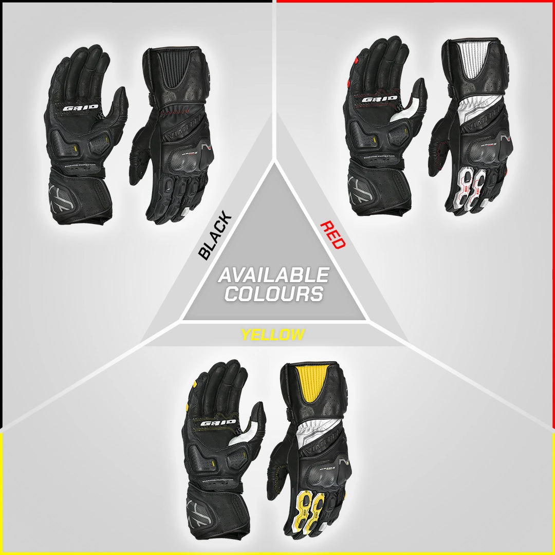 color_common Motorcycle gloves in black, red, and yellow with brand logo on a gray background