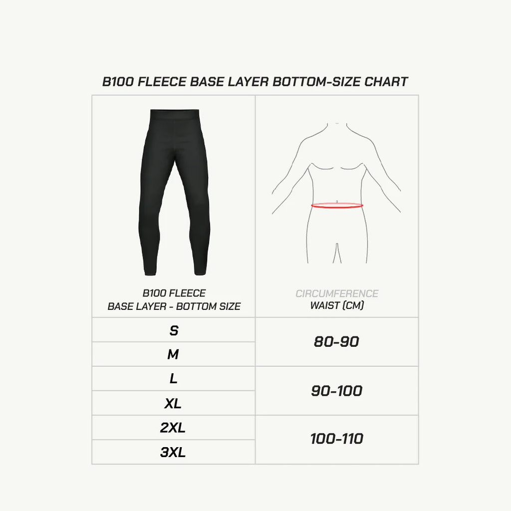 color_common ViaTerra b100 fleece base layer - bottom size chart