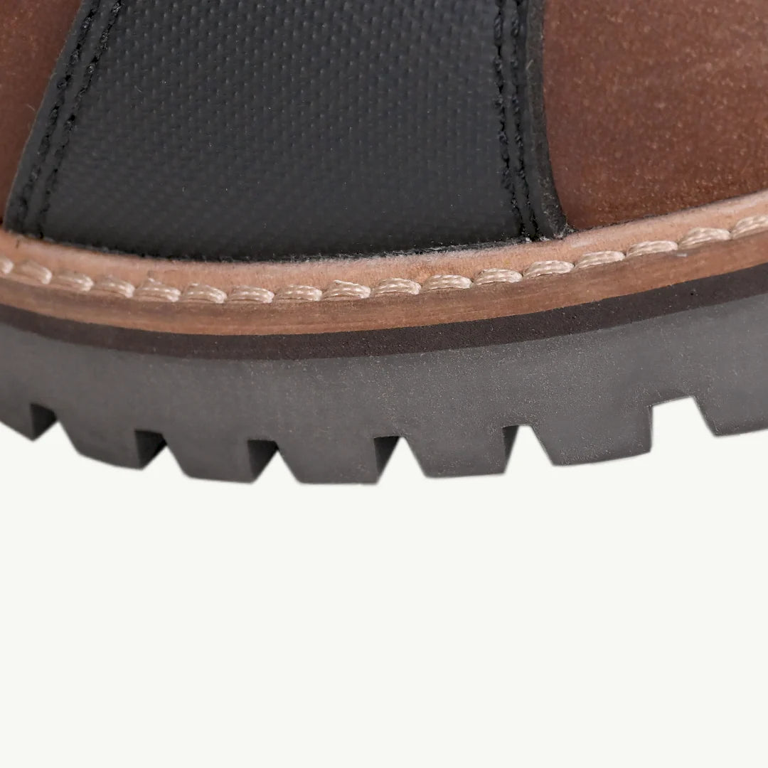 color_brown ViaTerra bronson - retro motorcycle riding boots for men (brown) has stitchdown construction