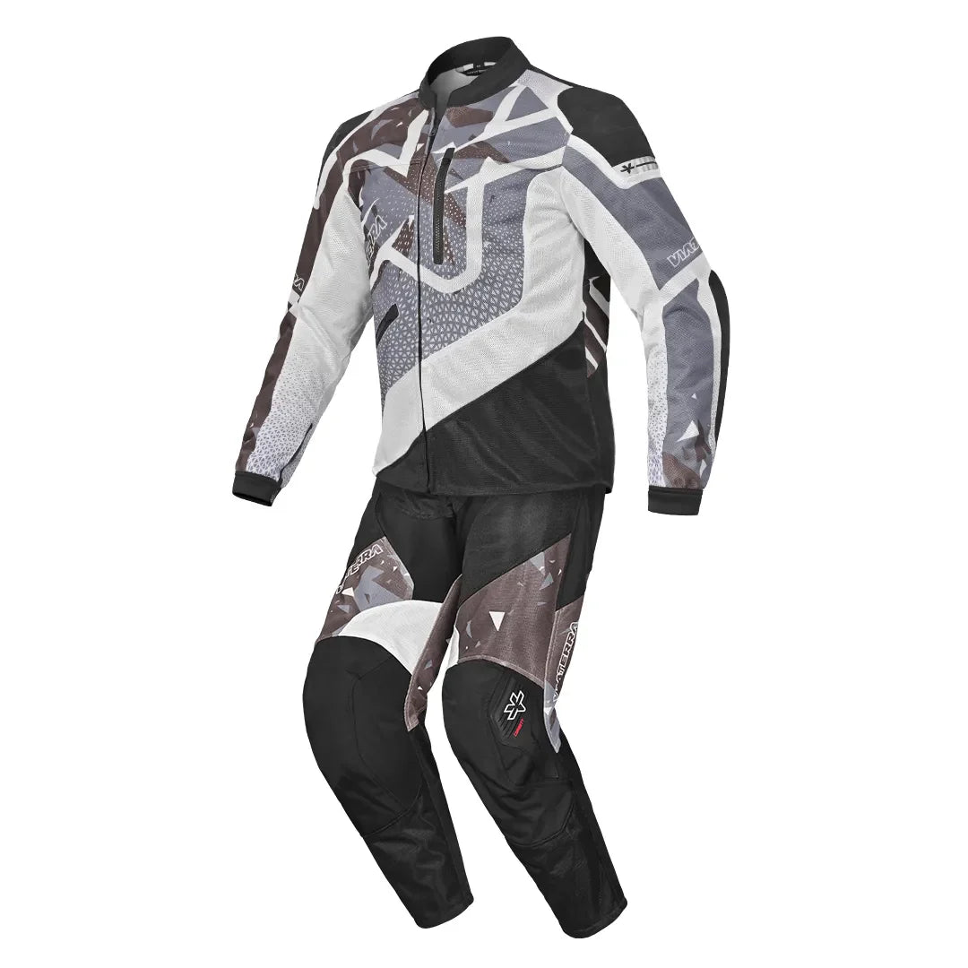 color_grey An off-road motorcycle suit featuring a geometric pattern with shades of grey, black, and brown.