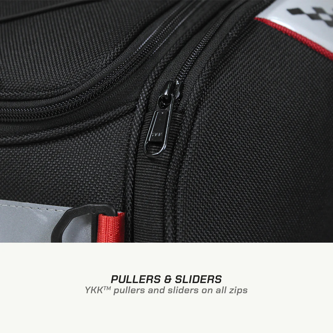 color_common ViaTerra element - universal motorcycle tailbag has YYK pullers and sliders on all zips