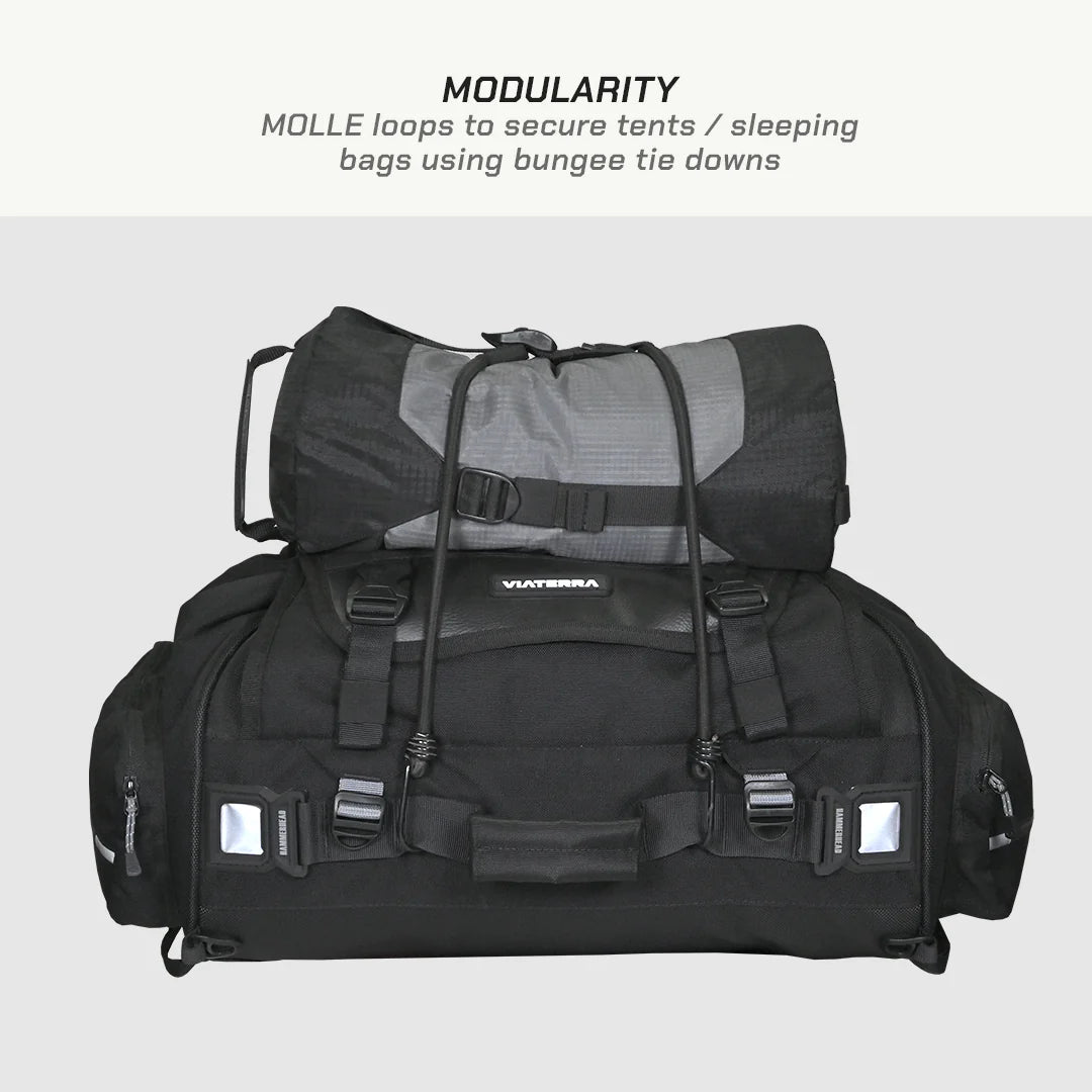 color_common ViaTerra rtw series - hammerhead 45 universal motorcycle tailbag has molle loops to secure tents