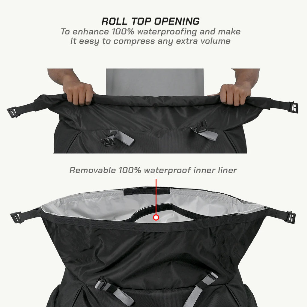 color_common ViaTerra rtw series - hammerhead 75 universal motorcycle tailbag roll up opening and inner liner