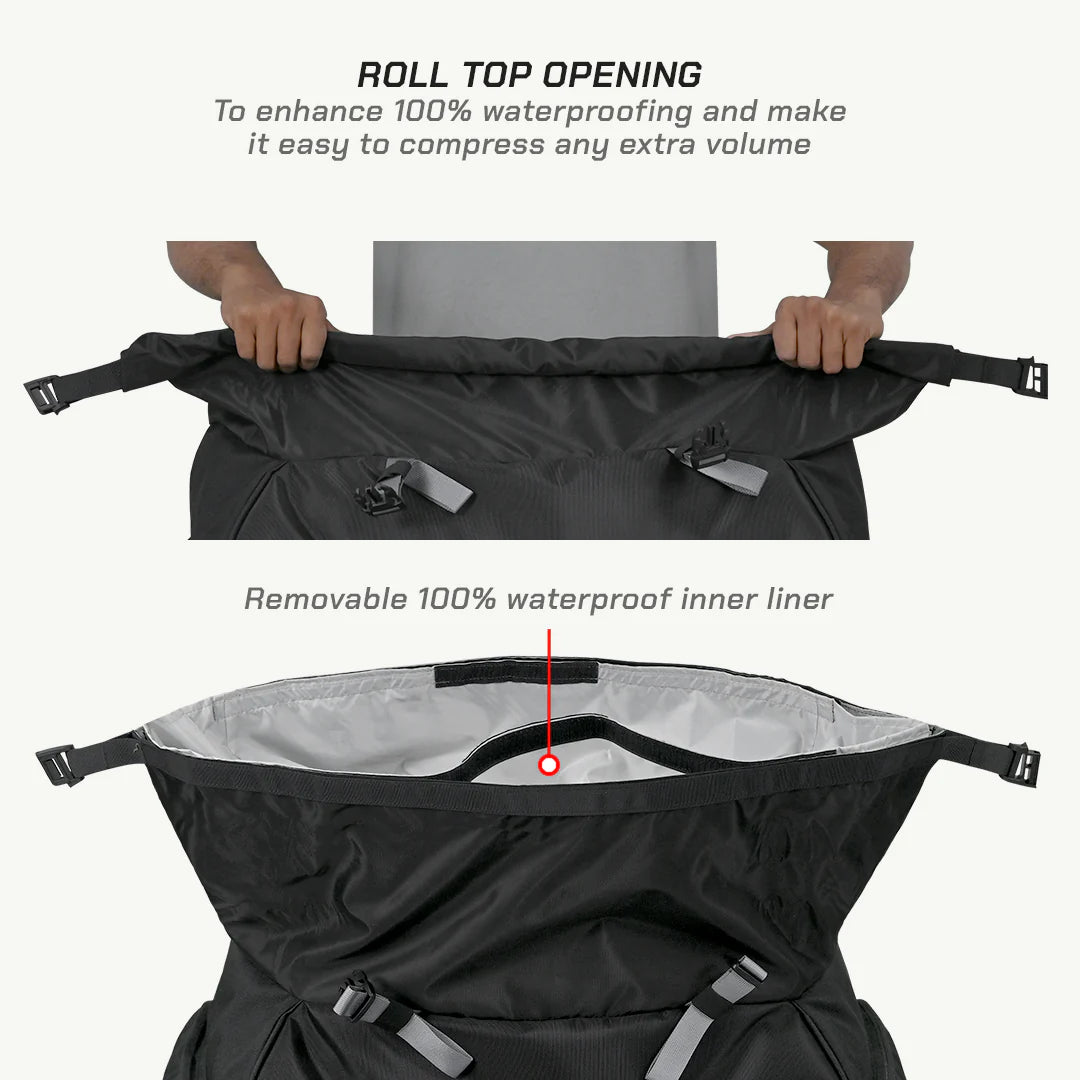 color_common ViaTerra rtw series - hammerhead 75 universal motorcycle tailbag roll up opening and inner liner