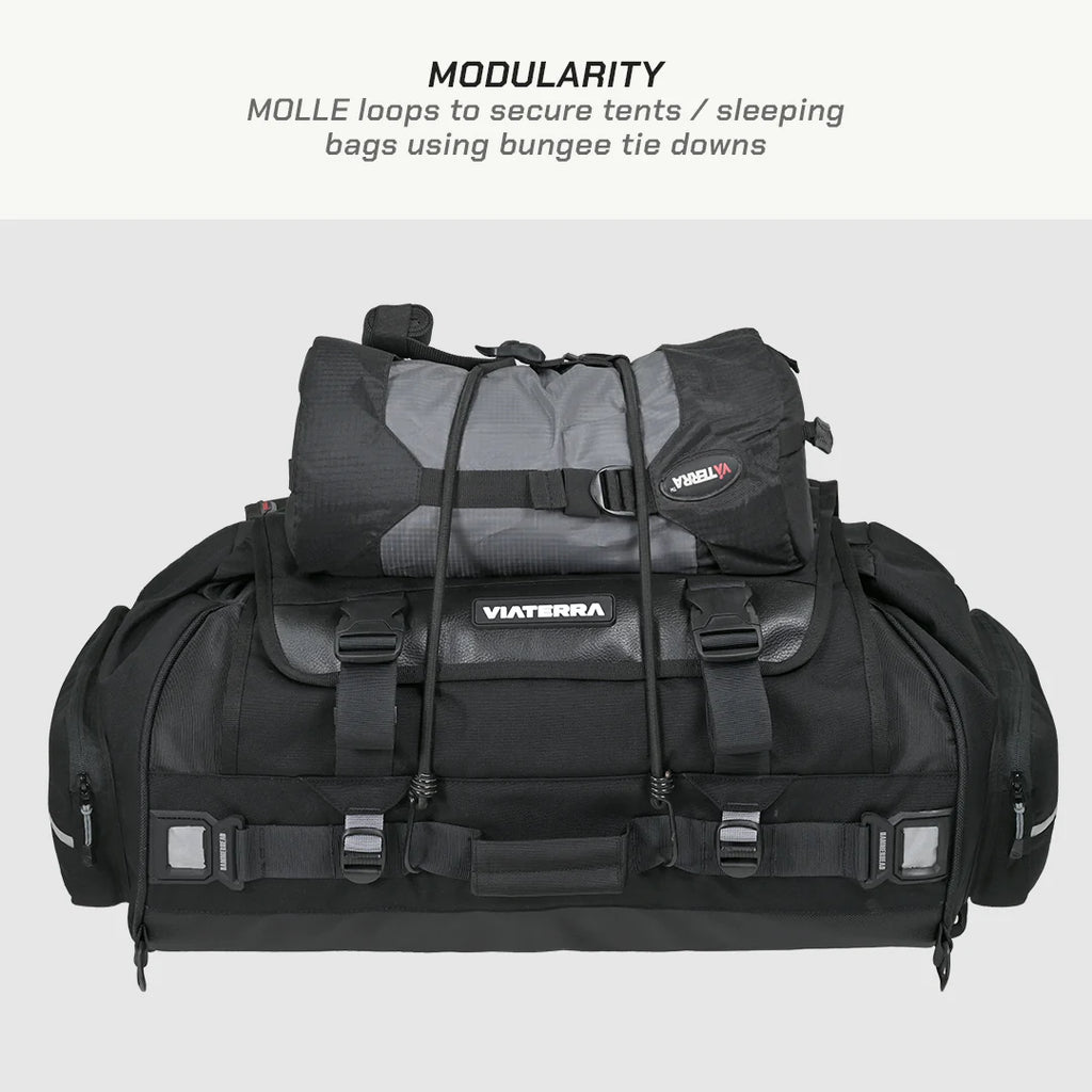 color_common ViaTerra rtw series - hammerhead 75 universal motorcycle tailbag has molle loops to secure tents