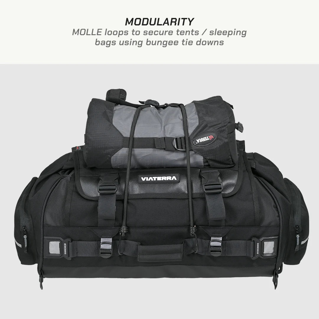 color_common ViaTerra rtw series - hammerhead 75 universal motorcycle tailbag has molle loops to secure tents