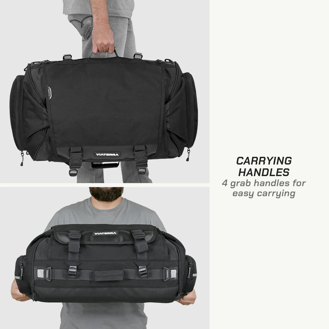 color_common ViaTerra rtw series - hammerhead 75 universal motorcycle tailbag has 4 handle for carrying