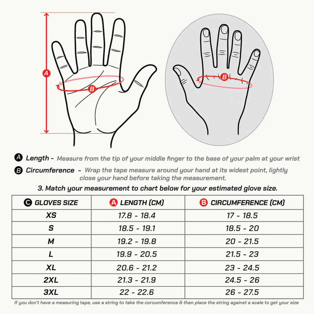 color_common ViaTerra holeshot – short motorcycle riding gloves for men with size chart