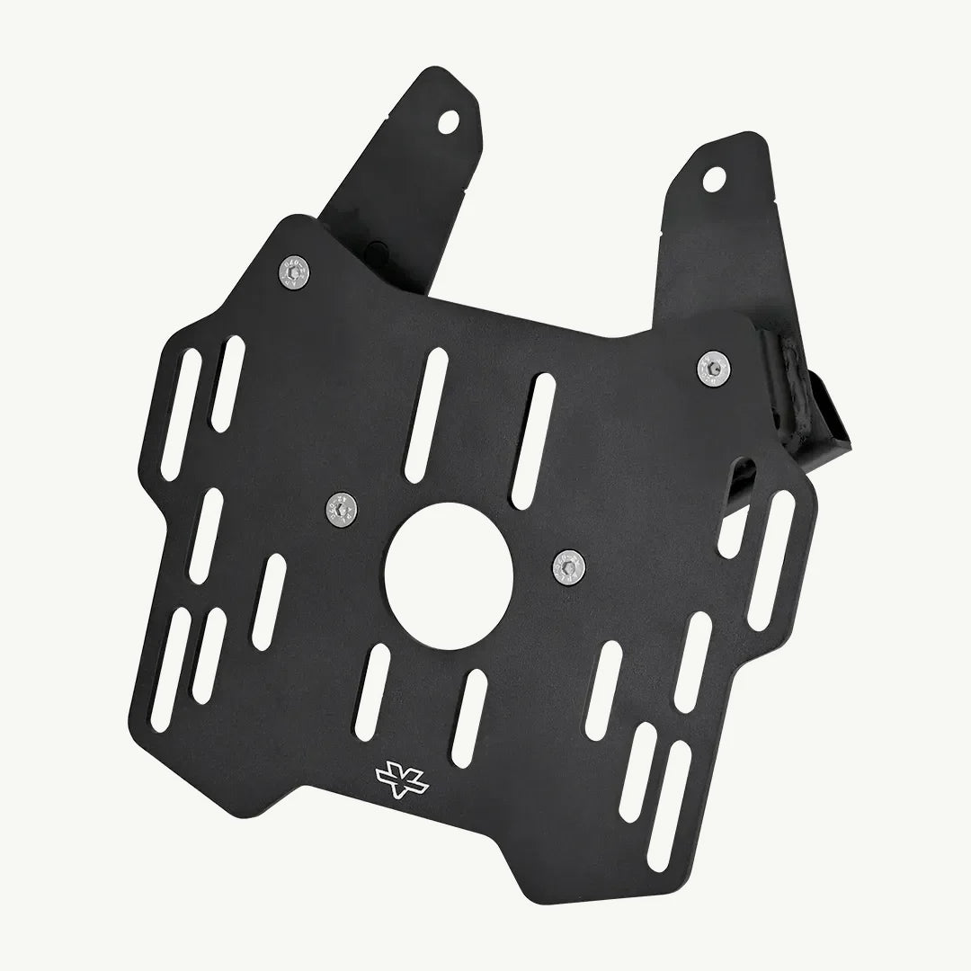 color_black A black metal top box adapter plate for KTM Adventure 250/390 motorcycles.