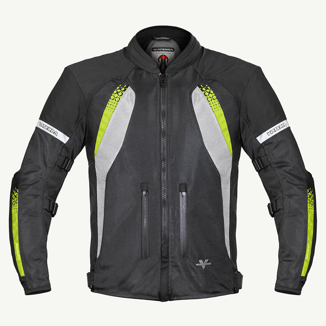 color_black Black motorcycle riding jacket with mesh panels and branding on the chest and sleeve.