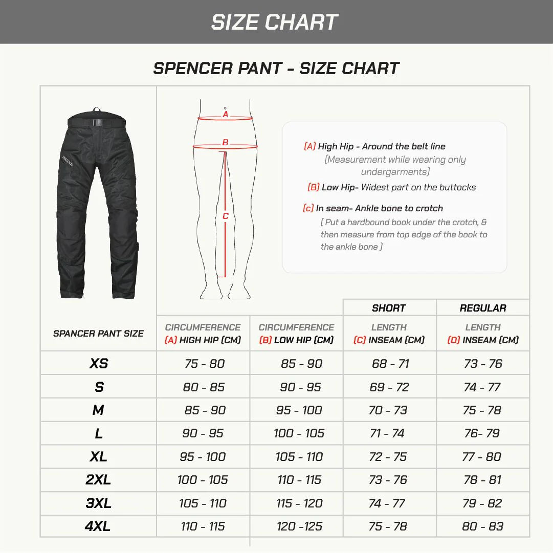 color_common ViaTerra made to order - spencer – street mesh motorcycle riding pants with size chart