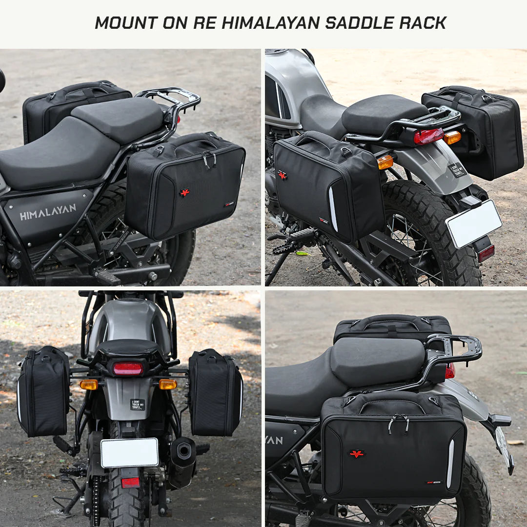 color_common ViaTerra quick release saddlebag (30l) mounts on RE Himalayn saddle rack