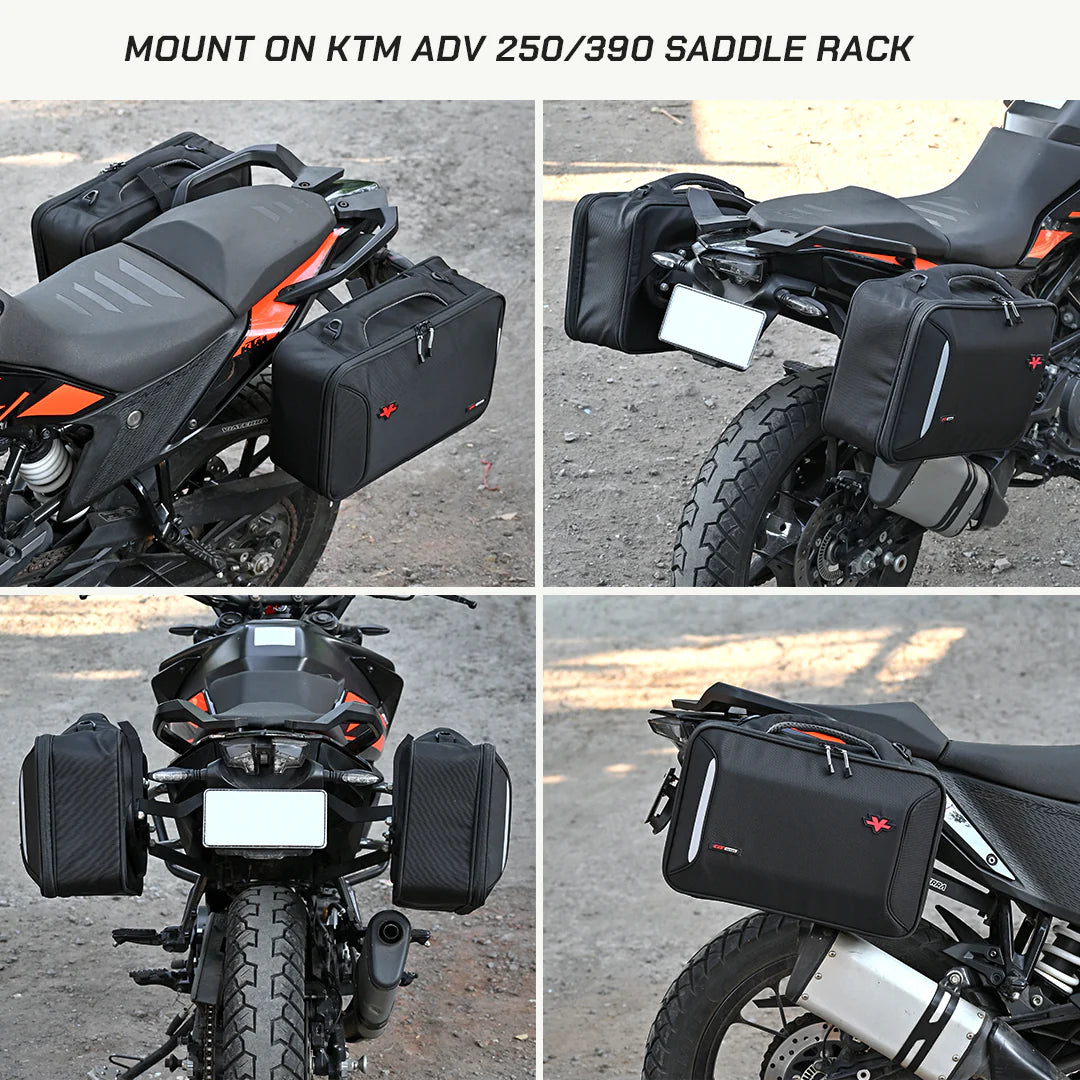 color_common ViaTerra quick release saddlebag (30l) mounts on KTM 250/390 saddle rack